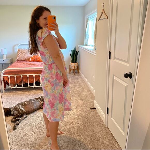 Vintage Mari Lynn Fashions Pink Watercolor Floral Mini Dress Small - Picture 3 of 14